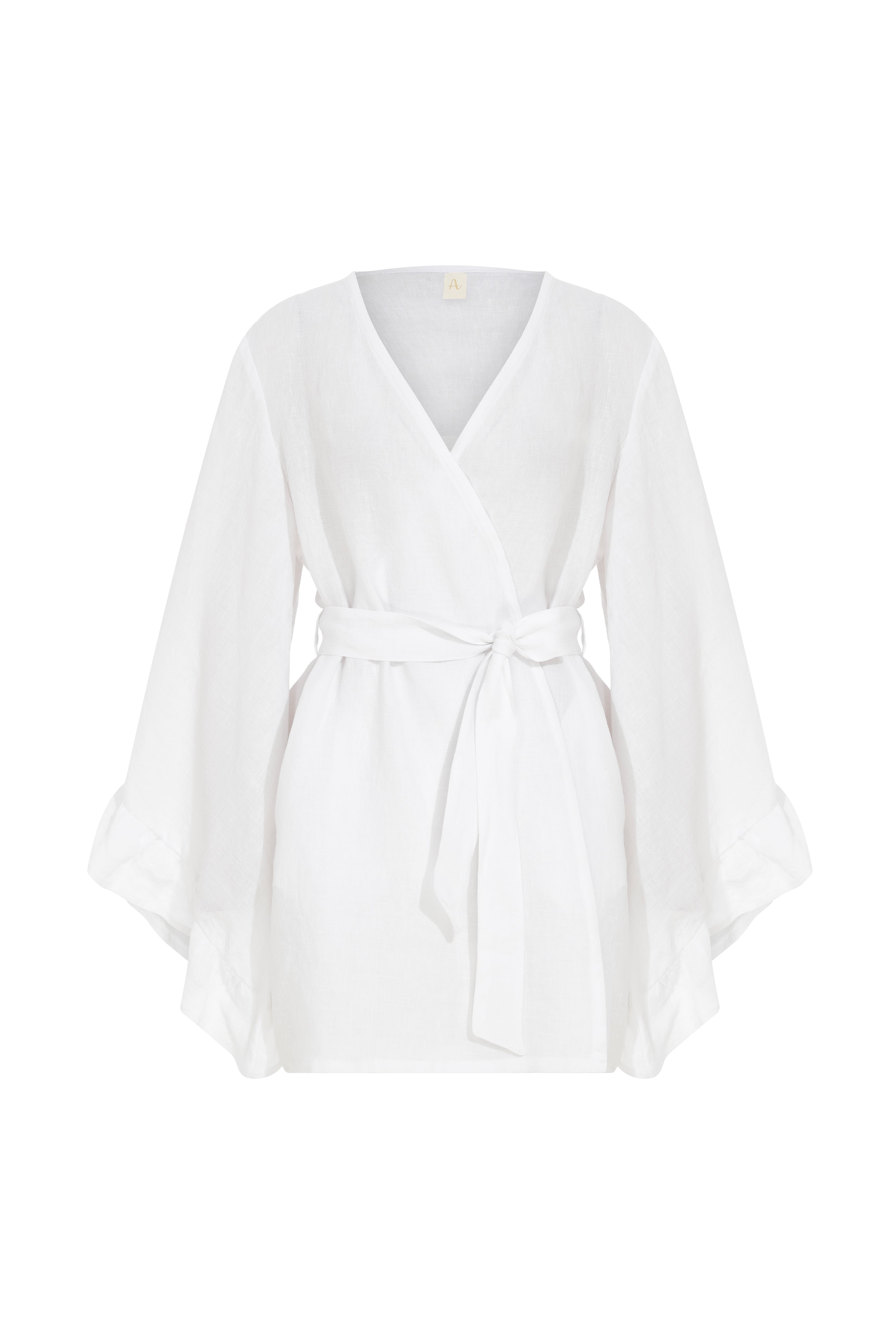 Ivy Short Linen Robe with Ruffles